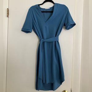 Zara Teal Blue Belted V-Neck Summer Sun Dress Short Sleeve